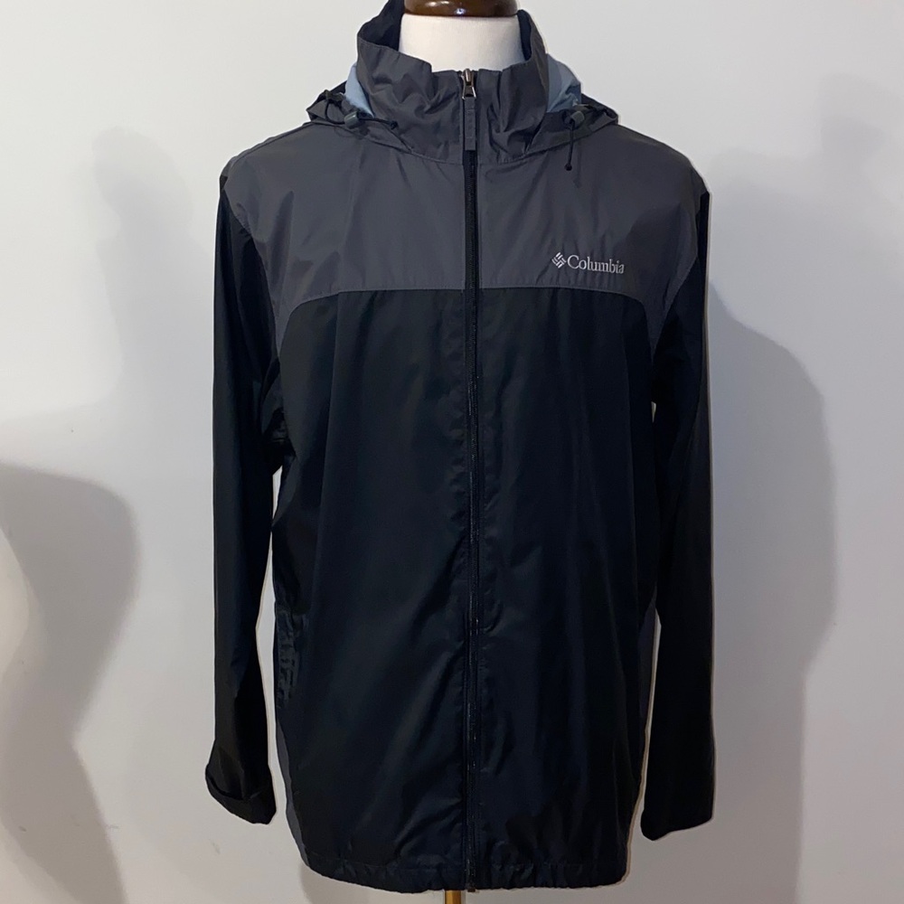 Columbia Black & Dark Gray Hooded Rain Jacket Size Large